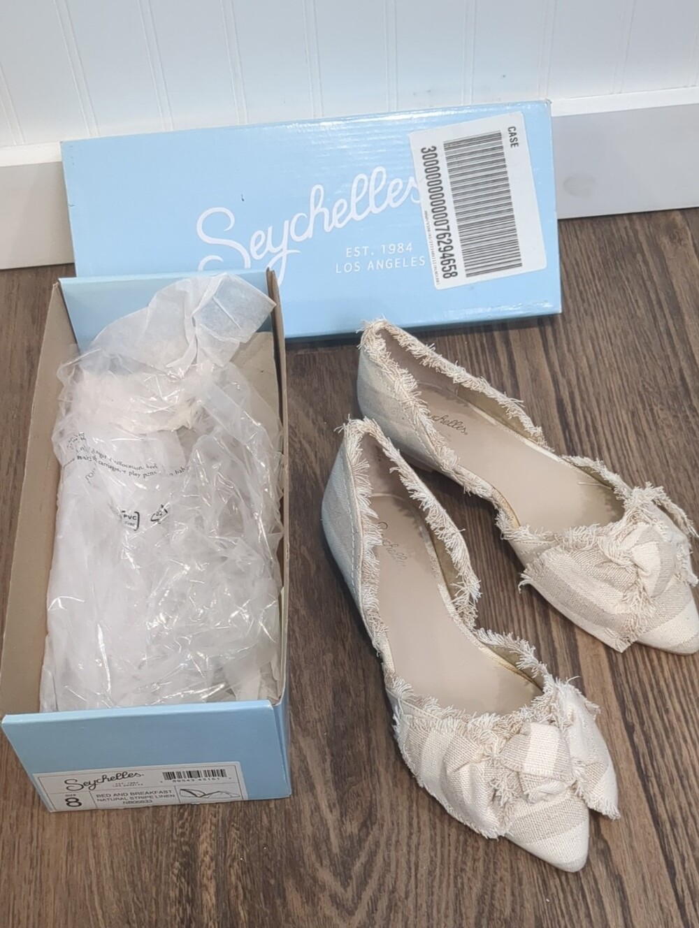NWT Seychelles "Bed & Breakfast" Point Toe Bow Flat Natural Stripe Linen, sz 8